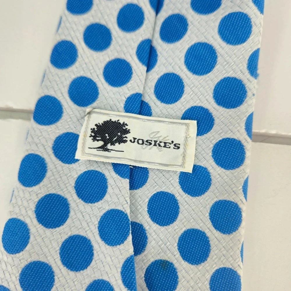 Vibtage 1970s/ 80s Joskes Mens Blue White Polyester knit Polka Dot Necktie *read